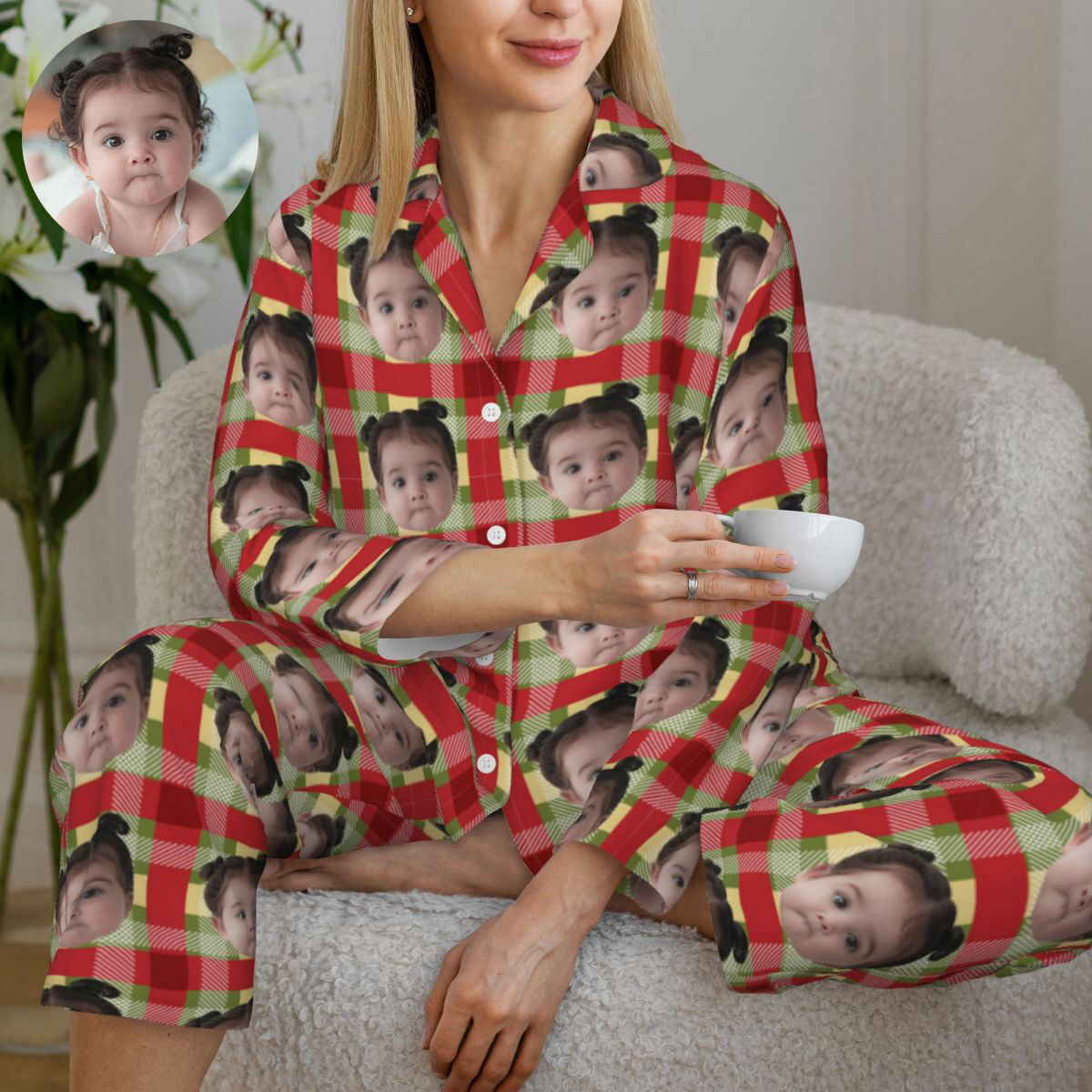 Personalized Pajamas Custom Photo Red and Yellow Checkered Pattern Design Perfect Gift for Family