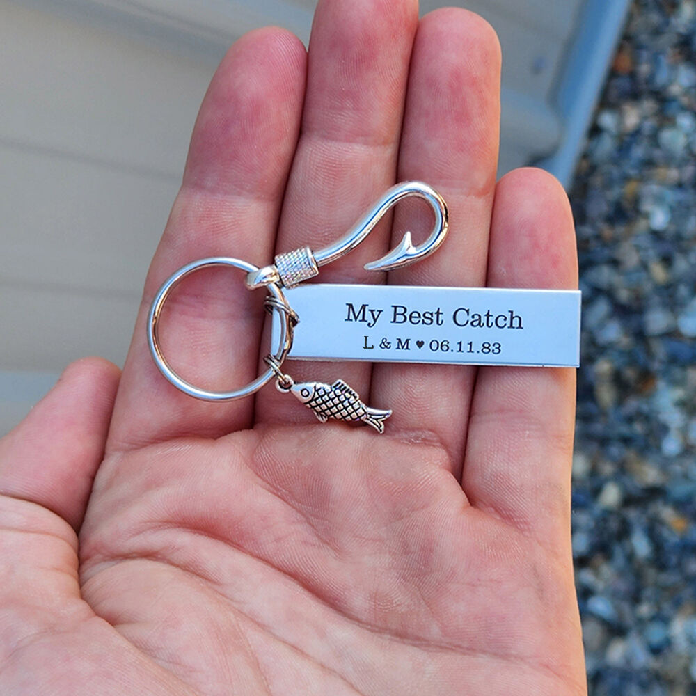 Personalized Fish Hook Keychain Funny Couple Initial Fisherman Keychain Fishing Gift for Husband