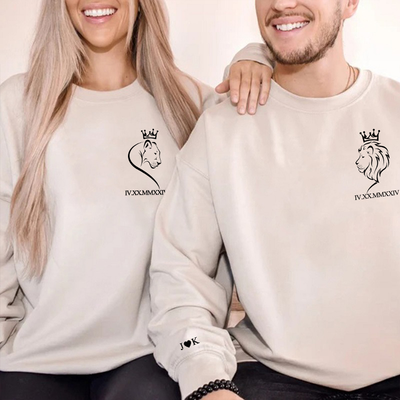 Personalized Sweatshirt Lion King Couple Crown Design with Custom Roman Numeral Date Gift for Lovers