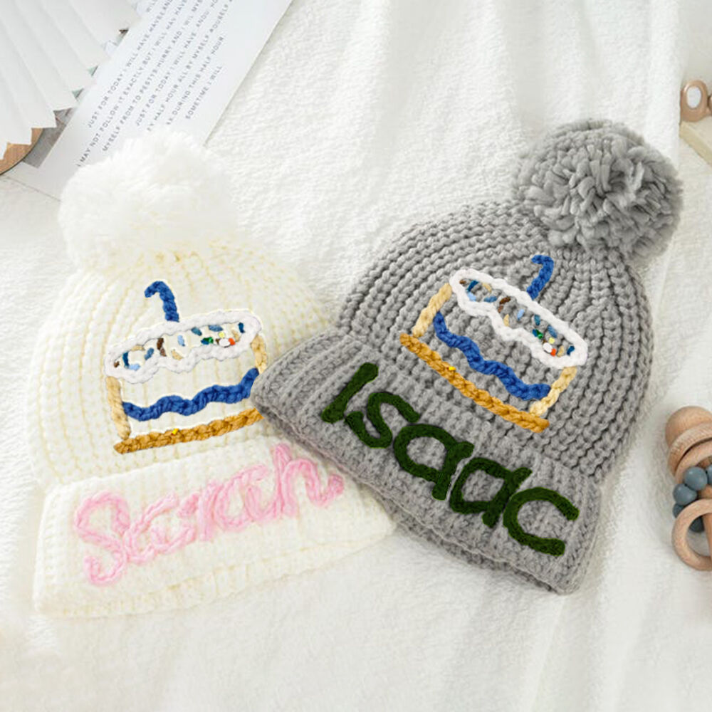 名前 刺繍 子供 ニット帽 ビーニー ハンドメイド ケーキ クリスマス オリジナル
