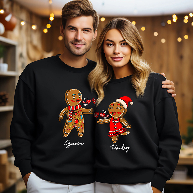 Personalized Sweatshirt Gingerbread Man and Woman Cute Couple Christmas Design Gift for Lovers