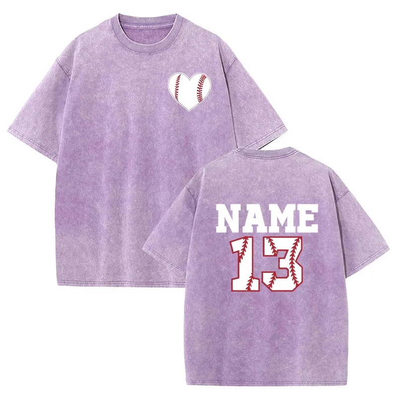 Baseballtvättad T-shirt med baseballhjärta anpassat nummer och namn present till sportälskaren
