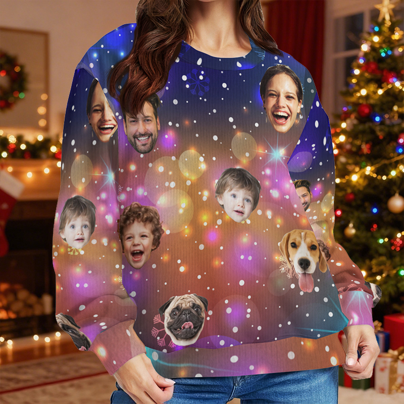 Personalized Ugly Sweater Unisex Custom Face Photo Dreamy Lights Design Perfect Christmas Gift for Family
