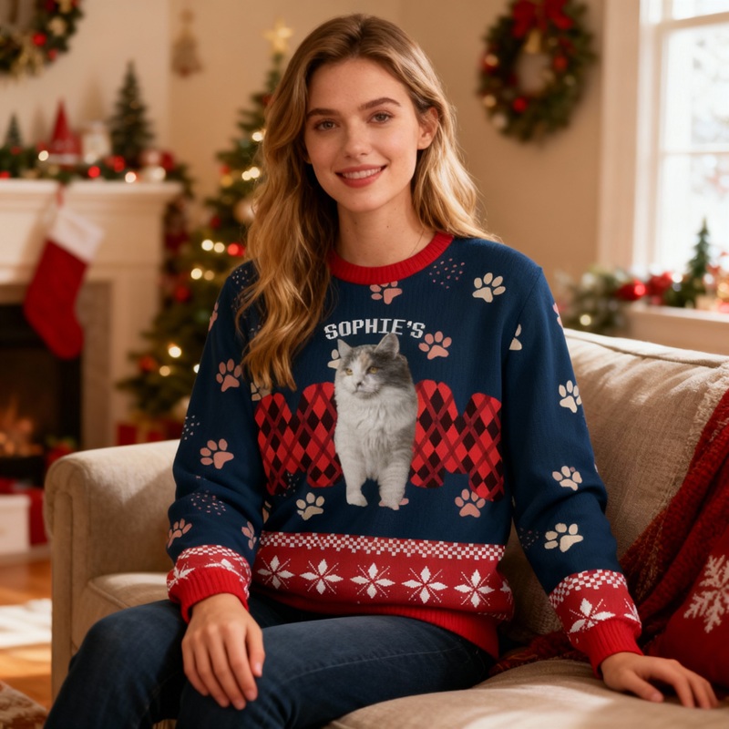 Personalized Ugly Sweater Unisex Pet's Mom Custom Photo Pawprints Design Cute Christmas Gift for Pet Lovers