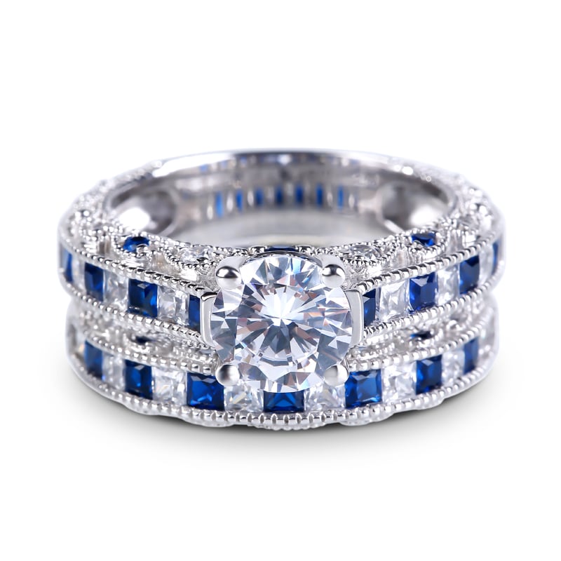 Round Cut Sapphire Blue Wedding Ring Set Sterling Silver Bridal Set