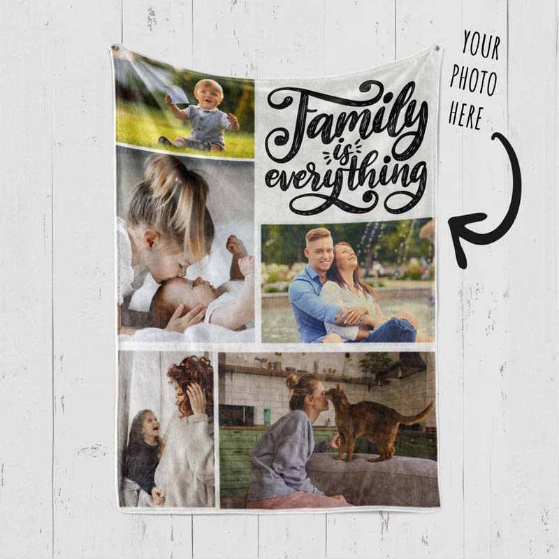 "Family Is Everything"Personalized Family 5 Photos Blanket for Family