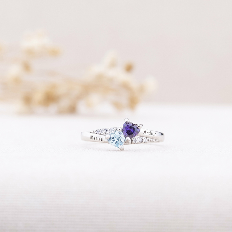 Personalized Name Ring with Custom Birthstone Heart Shaped Design Beautiful Gift for Birthday