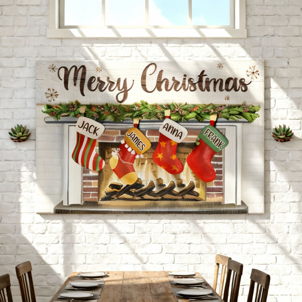 Personalized Name Canvas Wall Art with Christmas Stockings Pattern Funny Gift for Family