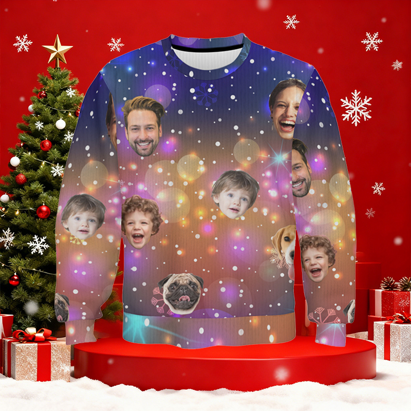Personalized Ugly Sweater Unisex Custom Face Photo Dreamy Lights Design Perfect Christmas Gift for Family