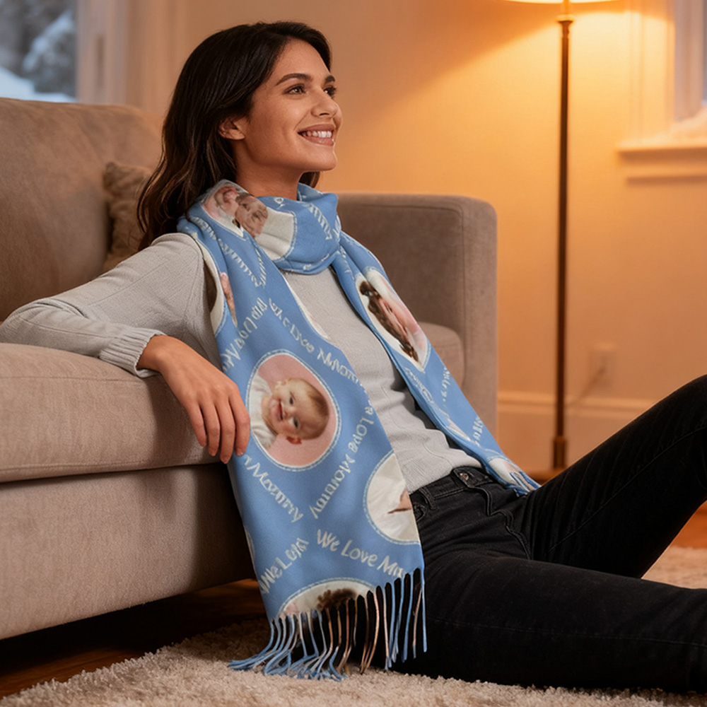 Anpassad halsduk med barnfoto Mjuk sjal Mors dag-present till mamma