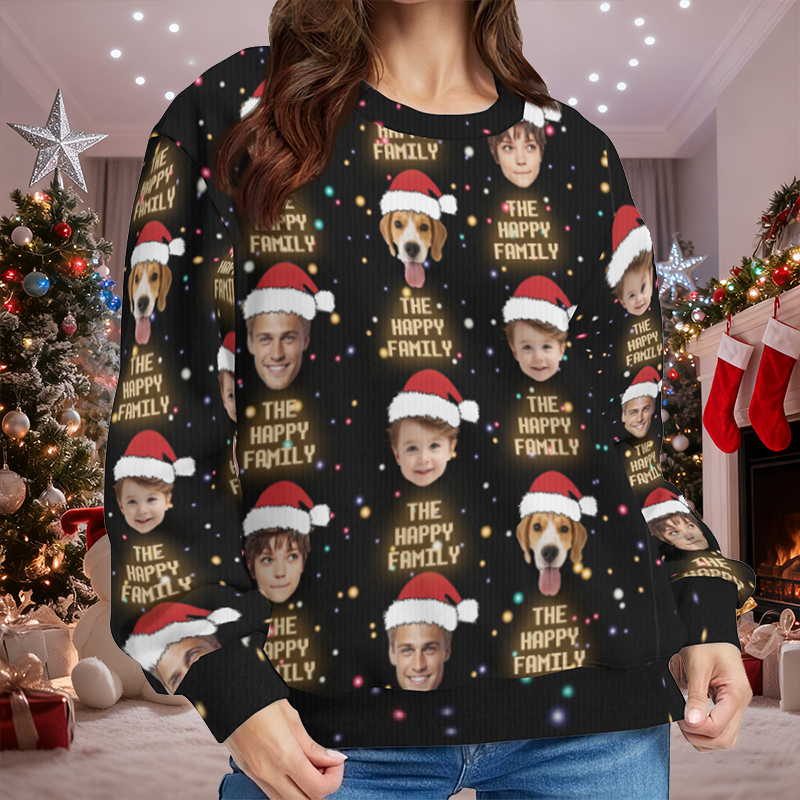 Personalized Ugly Sweater Unisex Custom Face Photos with Santa Hat Design Perfect Christmas Gift for Family