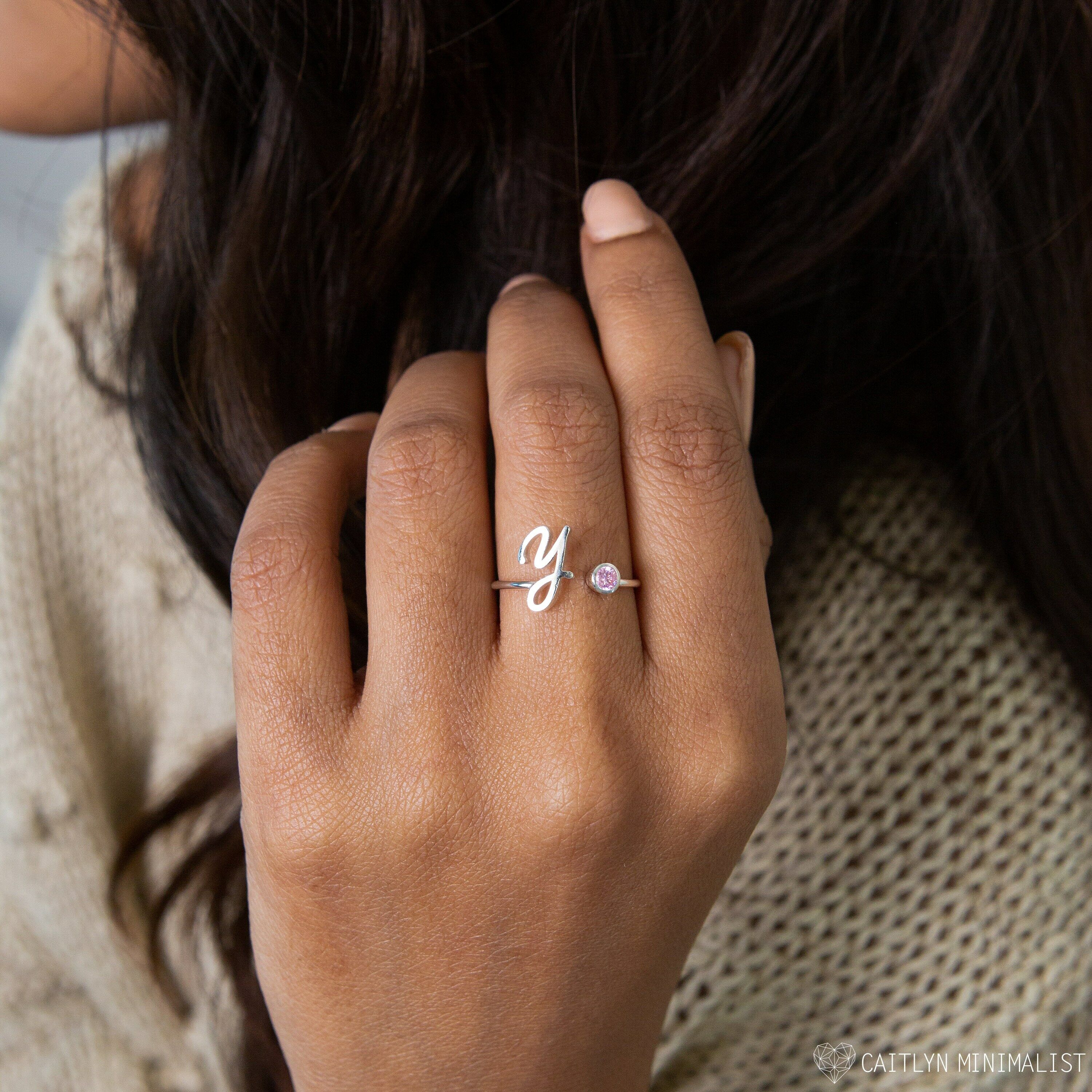 Personalized Letter Ring With Birthstone Beautiful Gift For Her