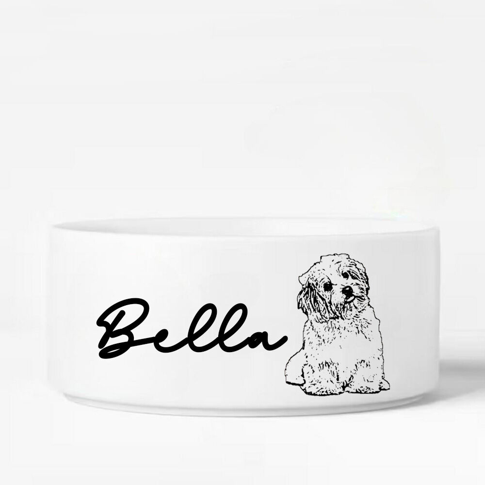 Personalized Pet Bowl With Custom Name And Sketch Photo Warm Gift For Cute Pets