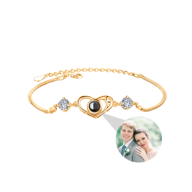 Sterling Silver Personalized Heart Photo Projection Bracelet with Diamonds for Couple