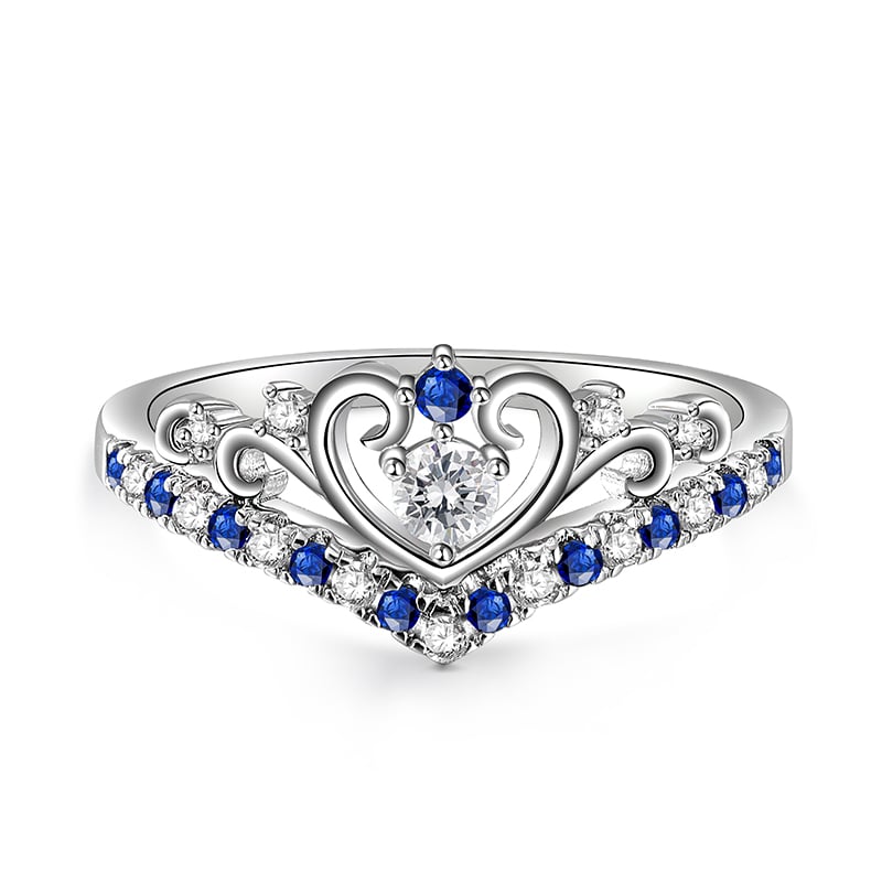 Jeulia Princess Crown V Ring Round Cut Sterling Silver