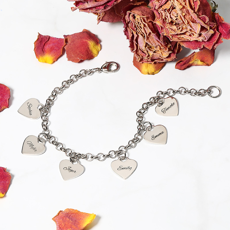 "All My Heart Belongs To You" Engraved Bracelet With Six Heart Names