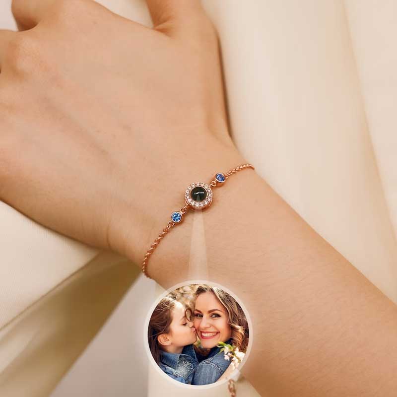 Personalized Projection Photo Bracelet Round Pendant With Diamonds And Birthstone Christmas Gift