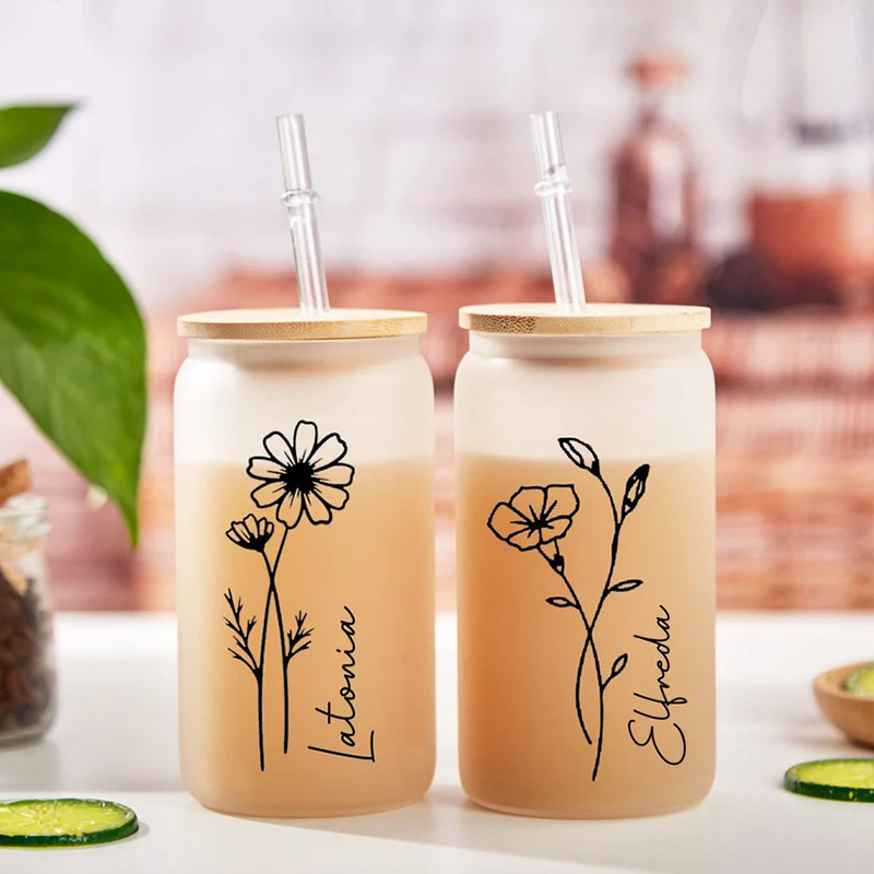 Personalized Birth Flower And Name Glass Cup with Lid And Straw Artistic Present for Boy Friend