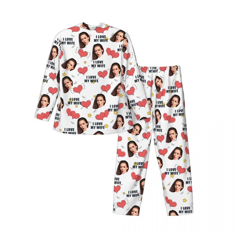 Personalized Pajamas Custom Face Photo I Love You Cute Hearts Design Perfect Gift for Couples