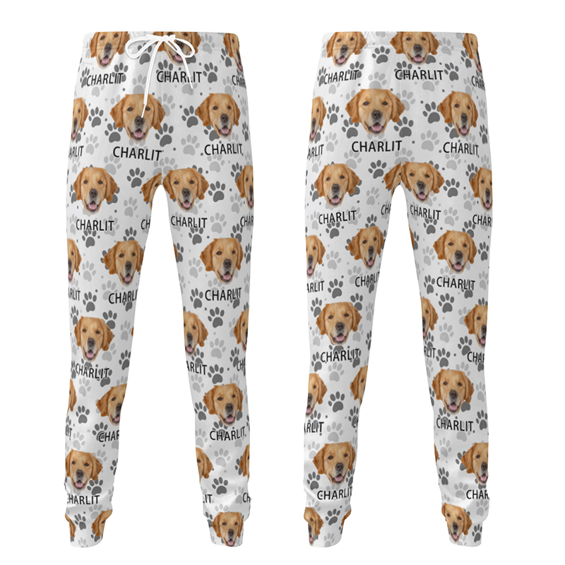 Pantalón deportivo unisex personalizado con diseño de huellas de mascotas y foto de mascota. Regalo ideal para amantes de los animales.