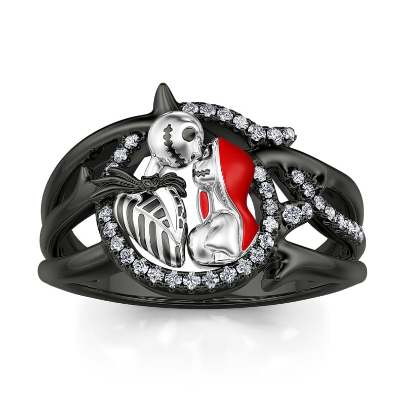 Exquisite Black Tone Skull Couple Ring in Sterling Silver "Everlasting Love"