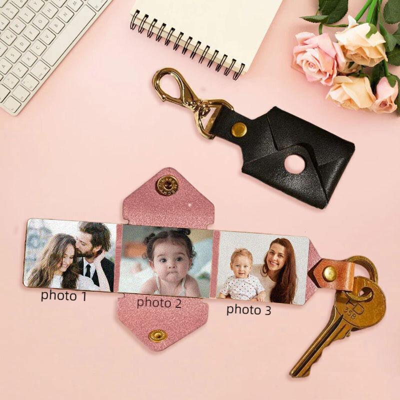 Personalized Multi Photo Leather Envelope Keychain for Girlfriend