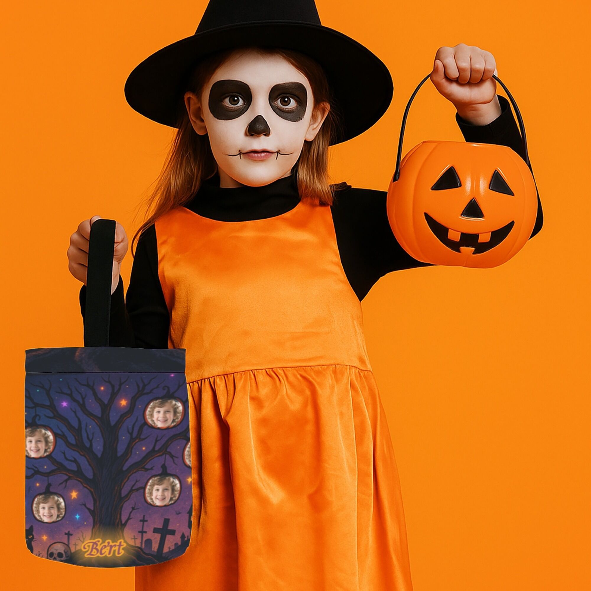 Bolsas de dulces personalizadas con nombre y foto de cara. Bolsas de dulces o trucos. Regalos de Halloween para niños.