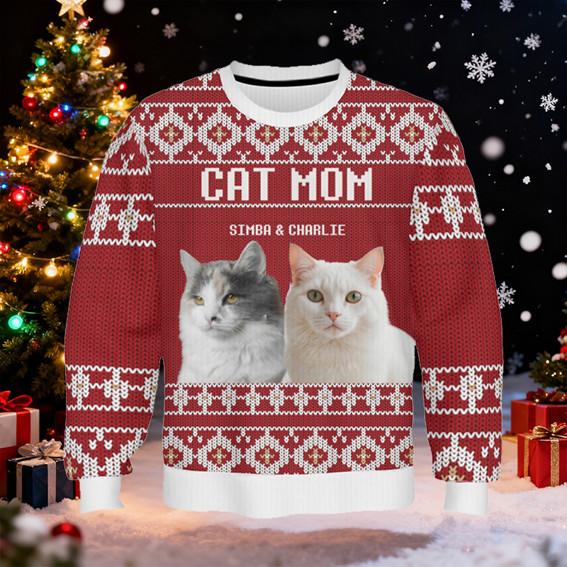 Pull moche personnalisé unisexe avec photos d'animaux domestiques motif rouge festif cadeau de Noël idéal pour les amoureux des animaux