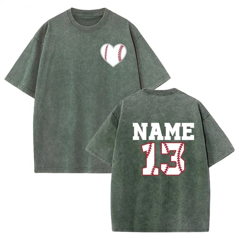 Baseballtvättad T-shirt med baseballhjärta anpassat nummer och namn present till sportälskaren