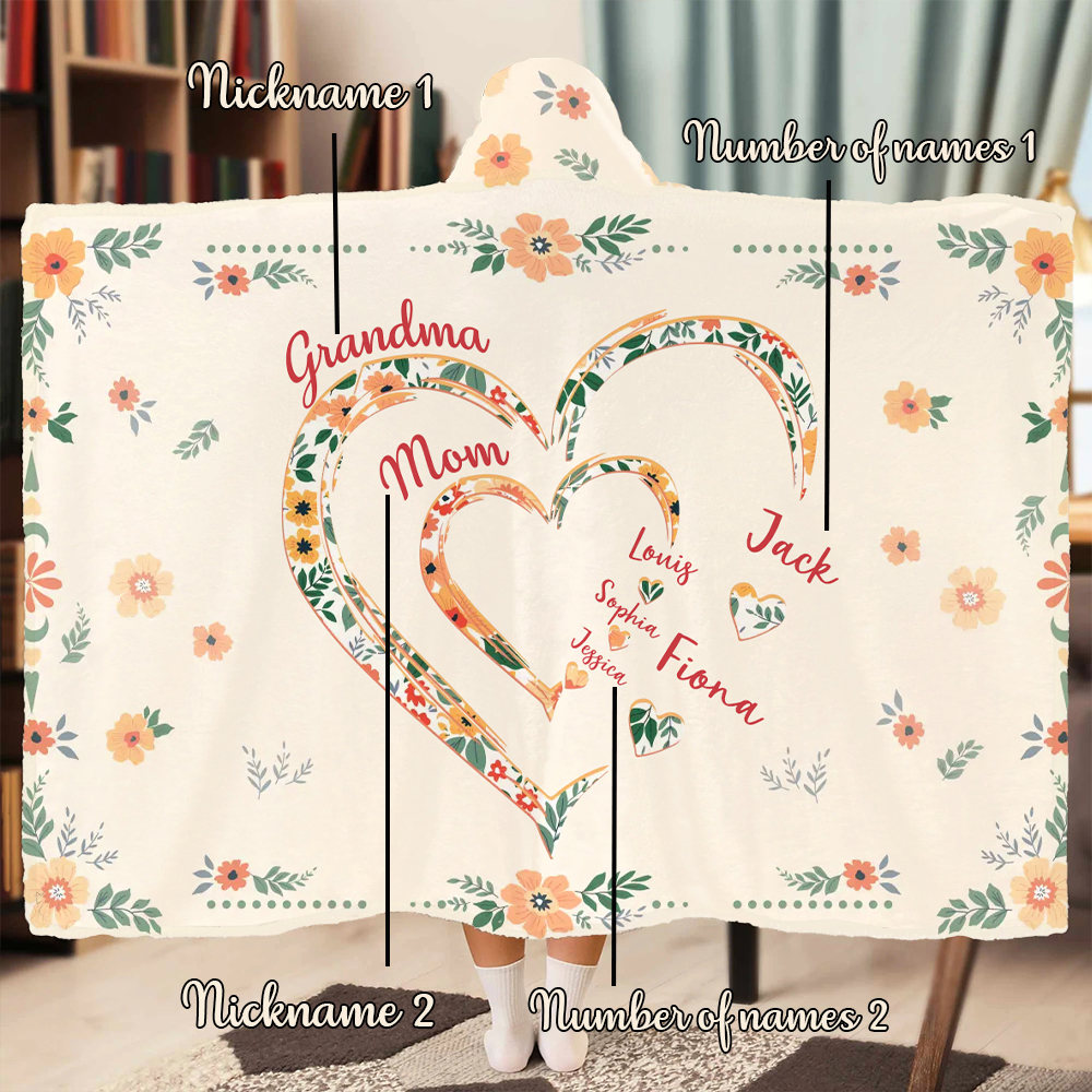 Personalized Name Wearable Blanket Hoodie with Flowers Pattern Warm Gift for Mother's Day