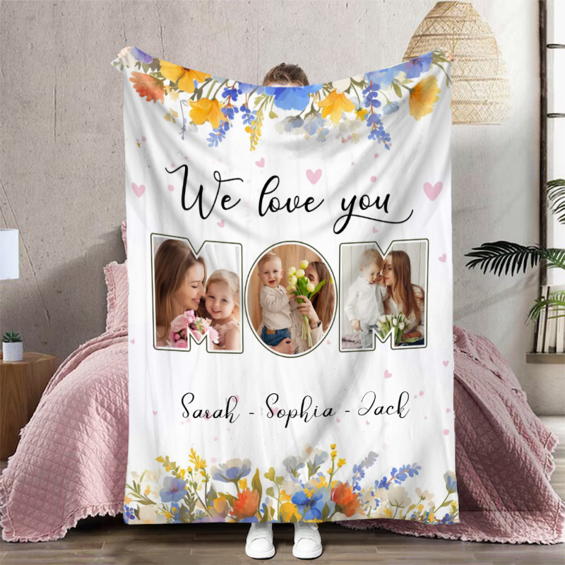 Personalized Picture Blanket with Colorful Flowers Pattern Beautiful Present for Mom