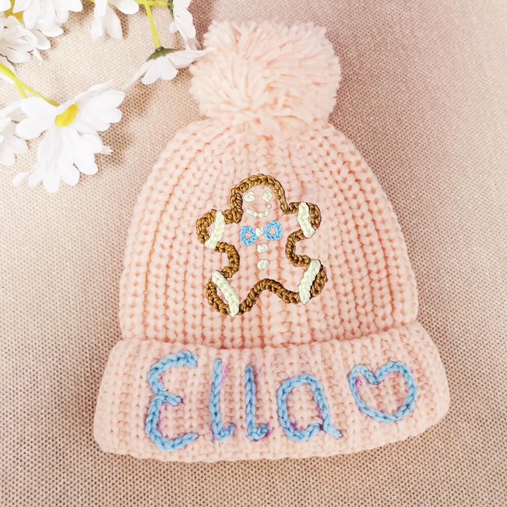 Custom Embroidered Name Baby Beanie with Gingerbread Man Christmas Gift for Newborn Baby
