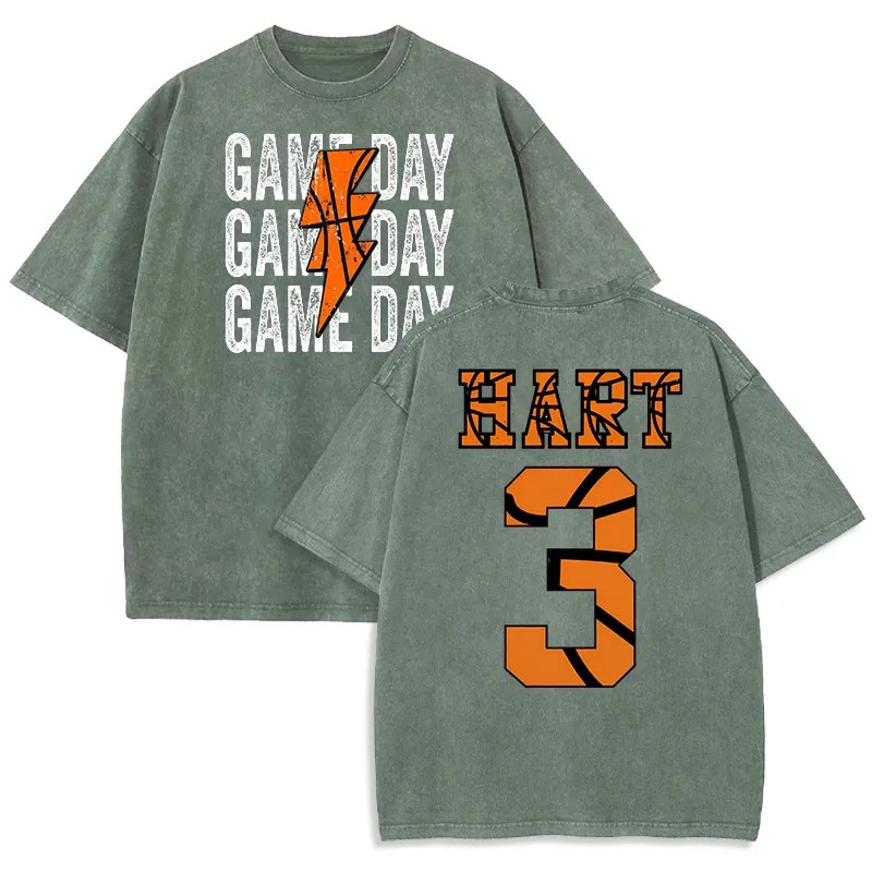 Personalized Washed T-shirt Game Day Custom Basketball Elements Font Design Gift for Sports Lovers