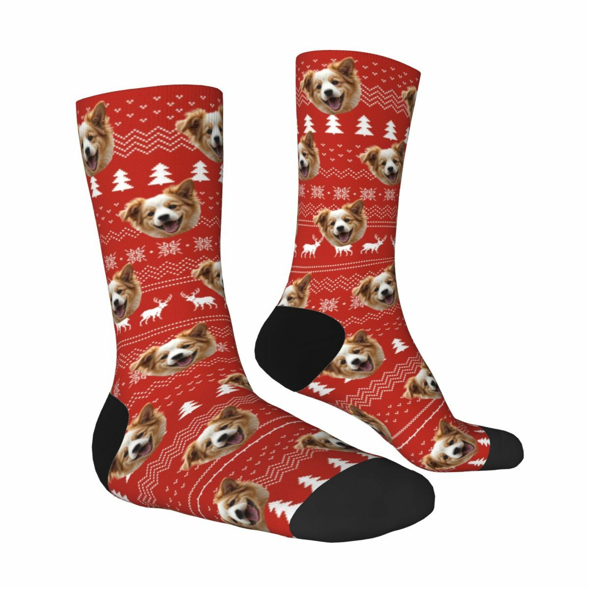 Custom Face Socks Red Knitted Socks with Elk Pattern Christmas Gift for Pet Owners