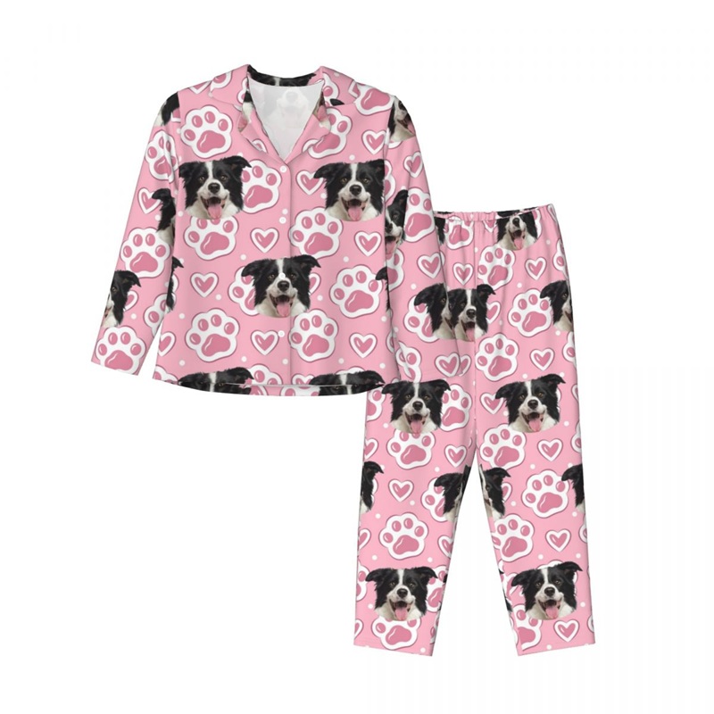 Gepersonaliseerde pyjama met foto van huisdieren Roze hartjes en pootafdrukken Leuk cadeau voor dierenliefhebbers