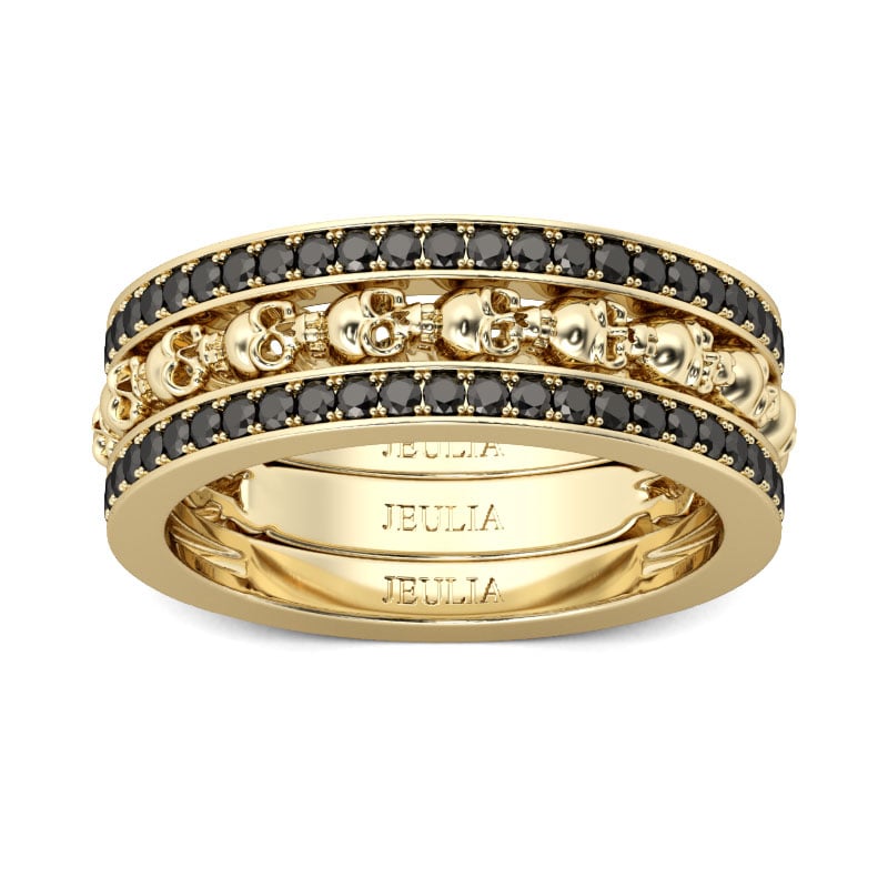 3PC Yellow Gold Tone Skull Rings with Black Stone, Sterling Silver