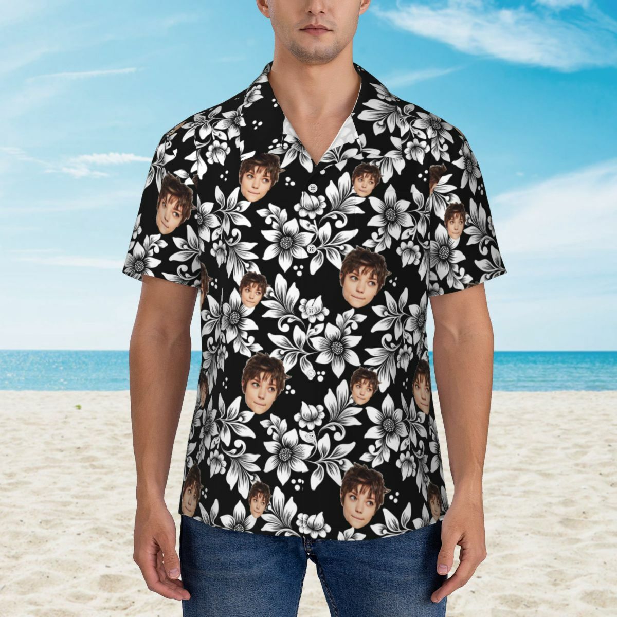 Custom Hawaiian Shirt Black Top White Floral Add Face Photo for Men
