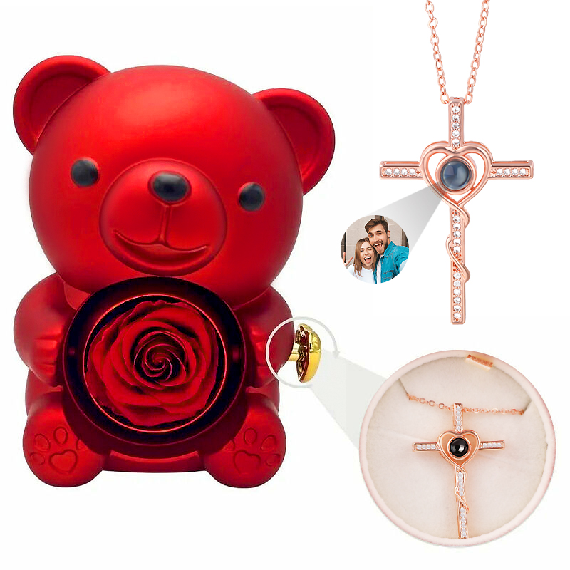 クロス ハート 写真入れ 投影 ネックレス ジュエリーセット クマの