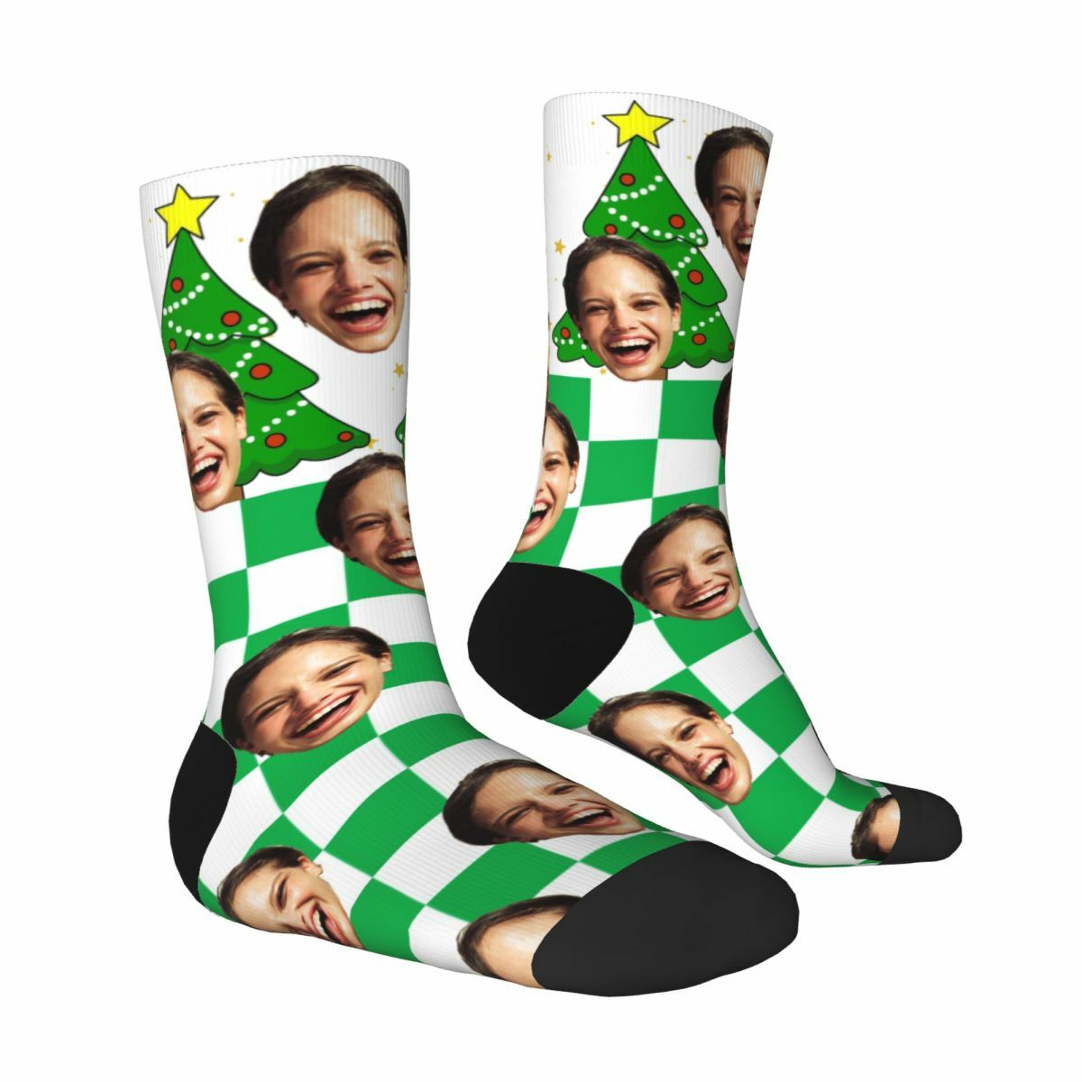Customized Face Socks Green Plaid Christmas Tree Pattern Socks Gifts for Friends