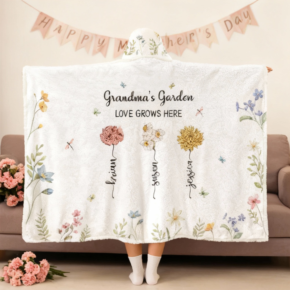 Personalized Birthflower Wearable Blanket Hoodie with Custom Name Best Mother's Day Gift