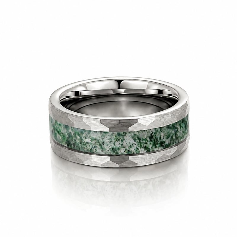 Jeulia Men's Hammered Tungsten Moss Agate Ring