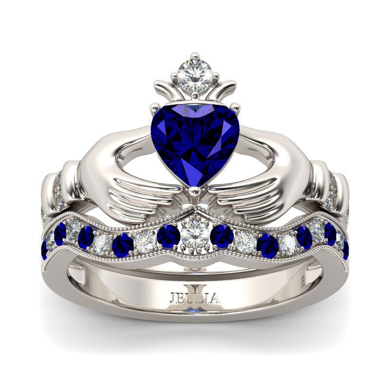 Jeulia Claddagh Wedding Ring Set Sterling Silver Bridal Set with Sapphire Blue Stone