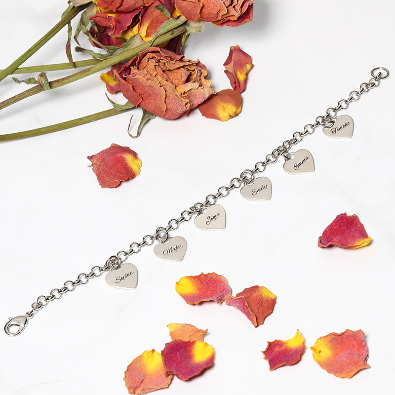 "All My Heart Belongs To You" Engraved Bracelet With Six Heart Names