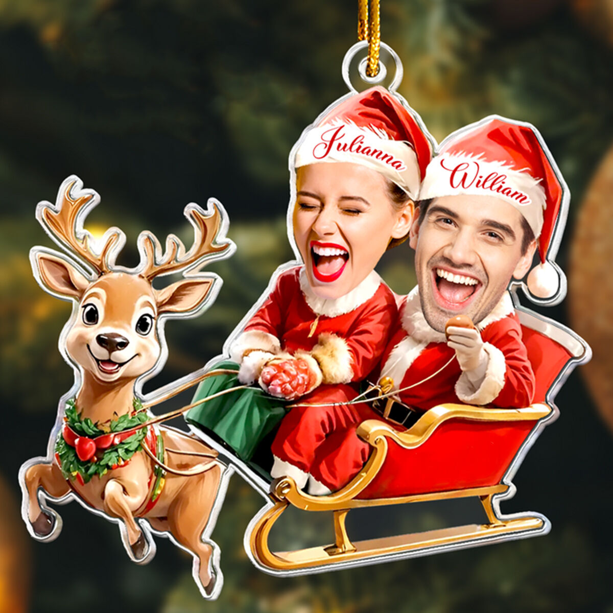 Personalized Elk Pulling Sleigh Christmas Ornaments Customized Couple Photos