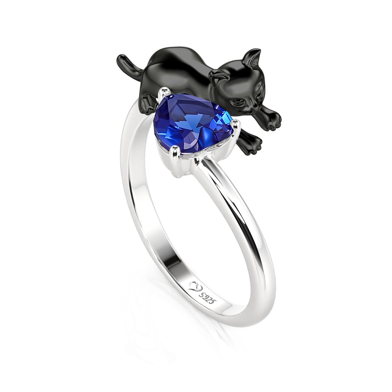 Jeulia Guardian Black Cat Heart Ring Sterling Silver