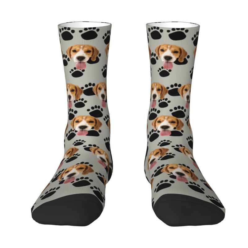 Calcetines faciales personalizables con foto de mascota y huellas de patas de perro negras