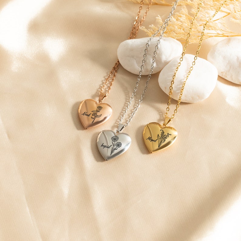 Personalized Heart-Shaped Photo Necklace With Birthday Flower Exquisite Birthday Gift