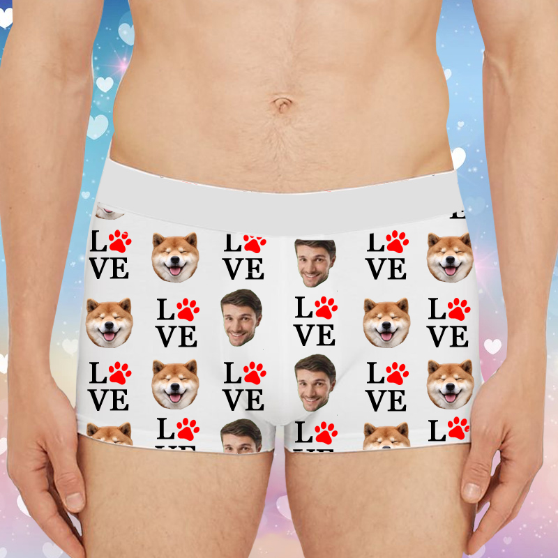 Personalized Photo Men's Underwear Boxer Briefs With Red Animal Footprints Pattern for Pet Lover