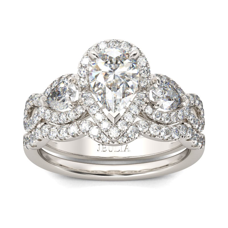 Three Stone Twist Pear Cut Sterling Silver Ring Set