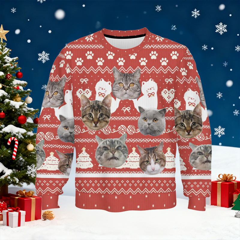 Pull moche personnalisé unisexe avec photo de tête de chat adorable cadeau de Noël pour les amoureux des animaux